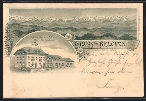 Lithographie Belchen /Bad Schwarzwald, Hotel & Pension z. Belchen, Bes. Jos. Stiefvater, Gebirgspanorama