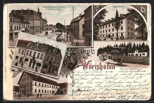 Lithographie Bad Wörishofen, Bachstrasse mit Hotel Luitpold, Hotel Urban, Hotel Krone, Hotel zur Stadt München
