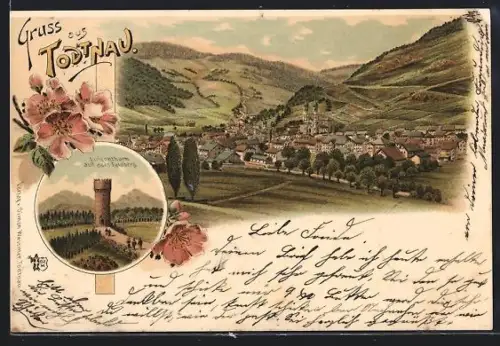 Lithographie Todtnau, Luisenturm auf dem Feldberg, Panorama der Ortschaft