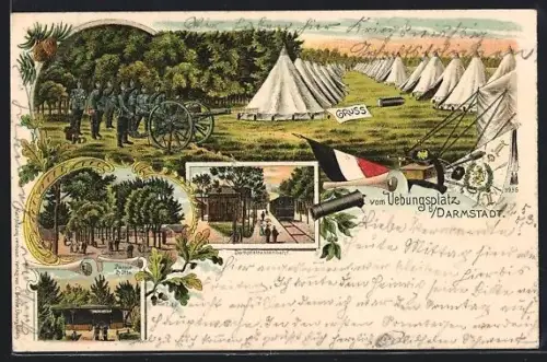 Lithographie Darmstadt, Übungsplatz, Lagerstrasse, Dampfstrassenbahn