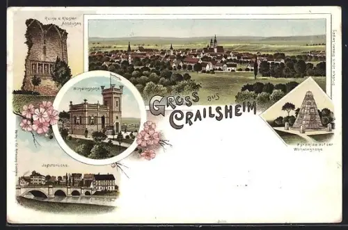 Lithographie Crailsheim, Wilhelmshöhe, Kloster Anhausen, Jagstbrücke und Pyramide