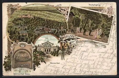 Lithographie Badenweiler, Marmorbad, Parkeingang, Ortsansicht aus der Vogelschau