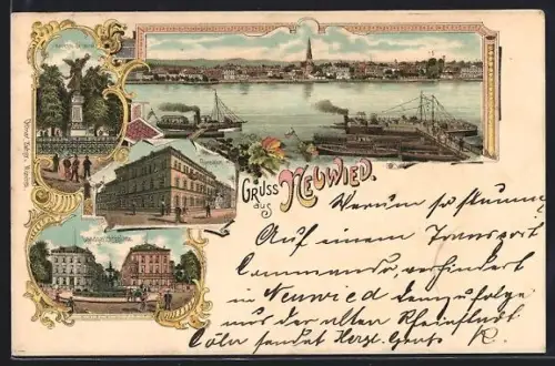 Lithographie Neuwied, Kriegerdenkmal, Gymnasium, Landgerichtsplatz