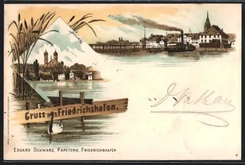 Lithographie Friedrichshafen, Schloss, Uferpartie mit Dampfer