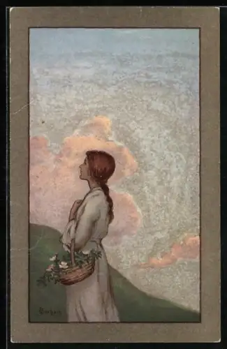 Künstler-AK S. Barham: Rothaariges Mädchen mit Korb voller Rosen