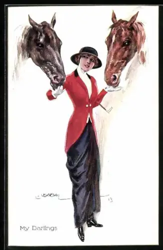 Künstler-AK Luis Usabal: Reiterin gibt ihren Pferden Zuckerwürfel