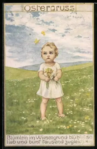 Künstler-AK Franziska Schenkel: Kleines Mädchen auf einer Frühlingswiese