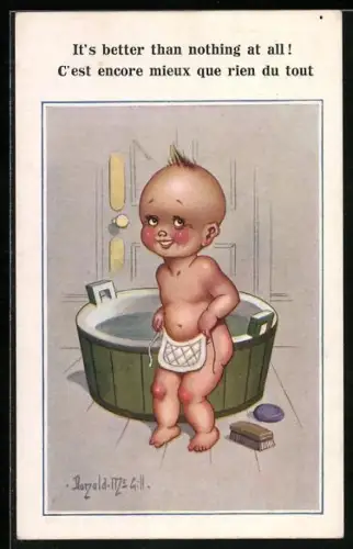 Künstler-AK Donald McGill: Kind steigt aus der Badewanne