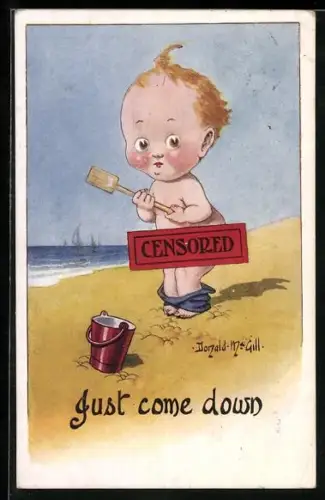 Künstler-AK Donald McGill: Spielendes Kind am Strand