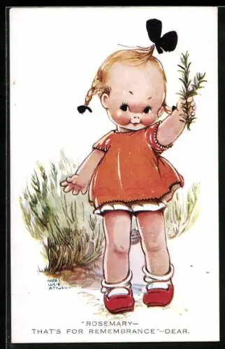 Künstler-AK Mabel Lucie Attwell: Mädchen hält einen Rosmarinzweig hoch