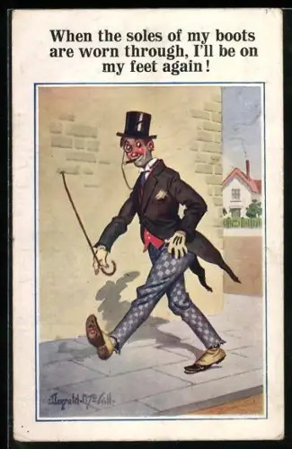 Künstler-AK Donald McGill: Mann geht mit kaputten Schuhen spazieren