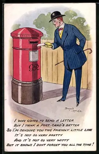 Künstler-AK Donald McGill: Mann wirft einen Brief in den Briefkasten