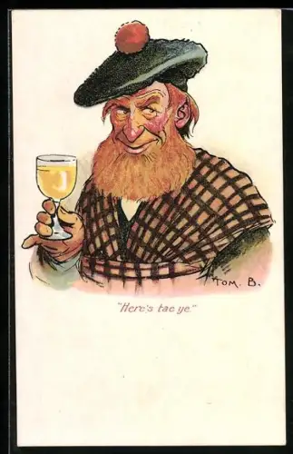 Künstler-AK Tom Browne: Schotte mit Glas in der Hand