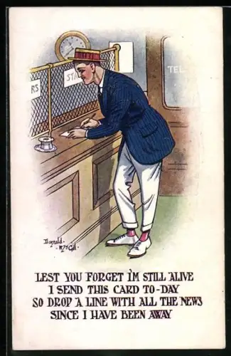 Künstler-AK Donald McGill: Junger Mann am Bankschalter