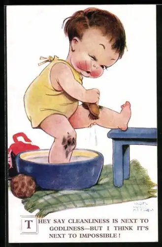Künstler-AK M.L. Attwell: Bursche badet sich mit einer Bürste in der Wanne