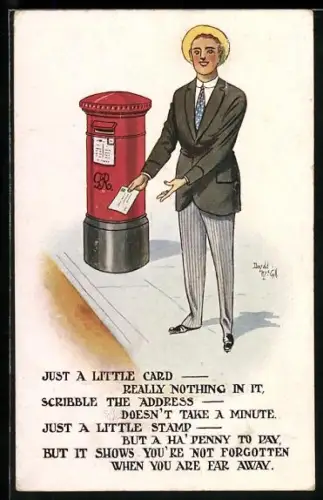 Künstler-AK Donald McGill: Junger Mann wirft einen Brief in den Briefkasten