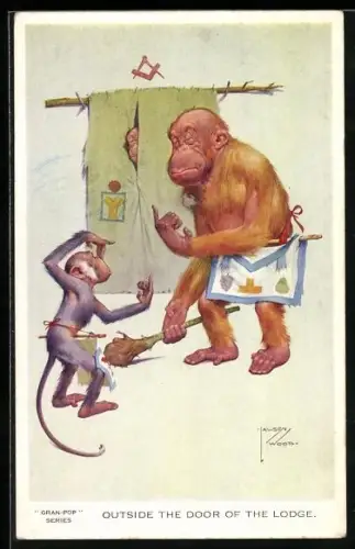 Künstler-AK Lawson Wood: Affe als Türsteher lässt einen anderen Affen nicht vorbei