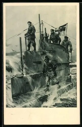 Künstler-AK Willy Stoewer: Auf dem Kommandoturm eines U-Bootes, Karte zum U-Boot-Tag 1917