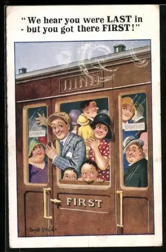 Künstler-AK Donald McGill: Urlauber im überfüllten Zugabteil