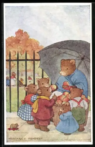 Künstler-AK Douglas Tempest: Bär verteilt Äpfel an Bärenkinder