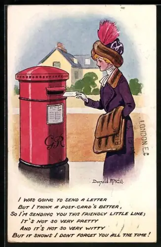 Künstler-AK Donald McGill: Elegante Dame wirft einen Brief in den Briefkasten