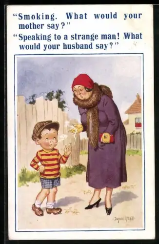 Künstler-AK Donald McGill: Dame wundert sich über ein rauchendes Kind