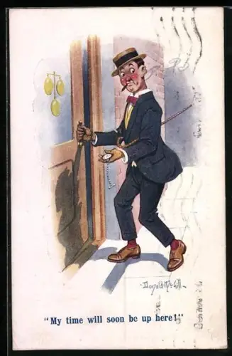 Künstler-AK Donald McGill: Mann mit Gehstock und Taschenuhr