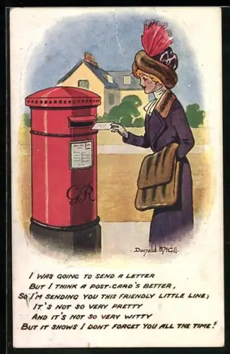 Künstler-AK Donald McGill: Dame wirft Post in den Briefkasten