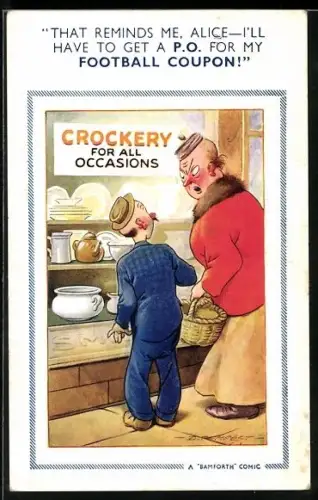 Künstler-AK Douglas Tempest: Ehepaar steht vor einem Schaufenster mit Geschirr