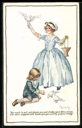 Künstler-AK Millicent Sowerby: Spielende Kinder mit weissen Tauben