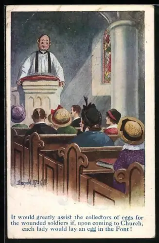 Künstler-AK Donald McGill: Pfarrer ruft die Gemeinde zu Spenden auf