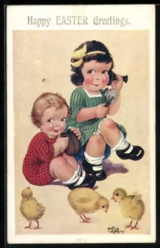 Künstler-AK Arthur Butcher: Telefonierende Kinder mit Osterküken