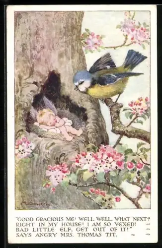 Künstler-AK Millicent Sowerby: Meise findet eine kleine Elfe in ihrem Nest