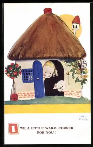 Künstler-AK Mabel Lucie Attwell: Mädchen und Hund schauen aus ihrem Haus