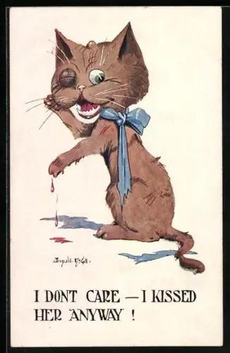 Künstler-AK Donald McGill: Zerkratzter Kater nach einem Gefecht