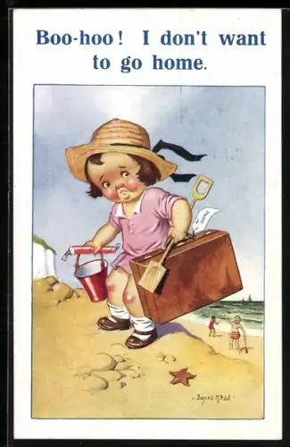Künstler-AK Donald McGill: Mädchen muss aus dem Urlaub abreisen