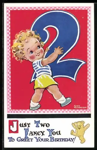 Künstler-AK Agnes Richardson: Glückwunsch zum 2. Geburtstag, Kleinkind mit grosser 2