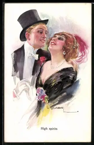 Künstler-AK Luis Usabal: High spirits, Junge Frau mit Mann im Zylinder