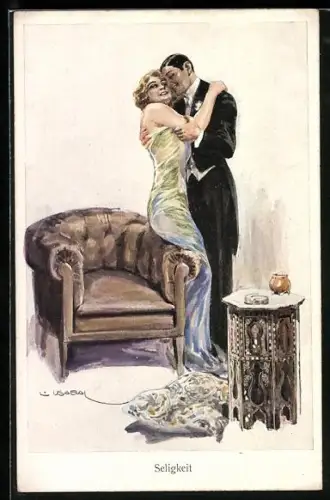 Künstler-AK Luis Usabal: Elegantes Liebespaar am Sessel