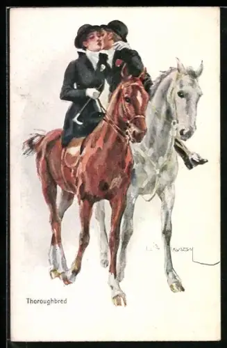 Künstler-AK Luis Usabal: Thoroughbred, Mann und Frau auf Pferden küssen sich