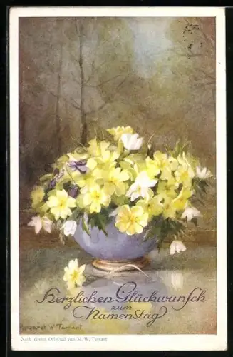 Künstler-AK Margaret W. Tarrant: Gelbe Primeln in einer blauen Vase