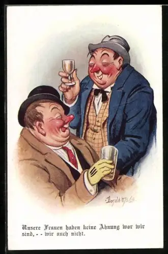 Künstler-AK Donald McGill: Zwei betrunkene Männer erfreuen sich des Alkohols
