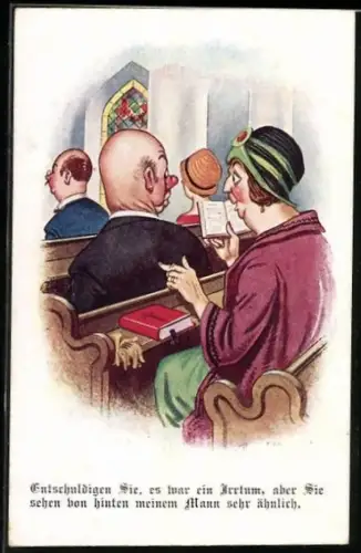 Künstler-AK Donald McGill: Dame spricht einen Herrn in der Kirche an