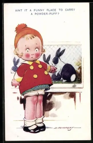 Künstler-AK Douglas Tempest: Mädchen wundert sich über Kaninchen