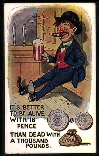 Künstler-AK Donald McGill: Mann sitzt mit Bierkrug und Zigarre in der Kneipe