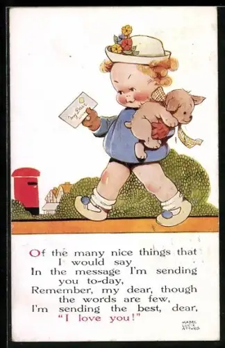 Künstler-AK Mabel Lucie Attwell: Mädchen bringt mit Teddy Brief zum Briefkasten