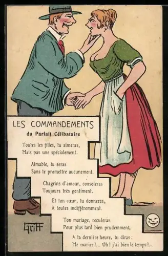 Künstler-AK Griff: Les Commandements, Mann flirtet mit einer Dame