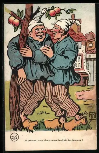 Künstler-AK Griff: Zwei Männer unter einem Apfelbaum