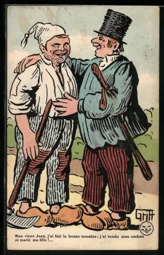 Künstler-AK Griff: Zwei Männer im Gespräch am Feldrand