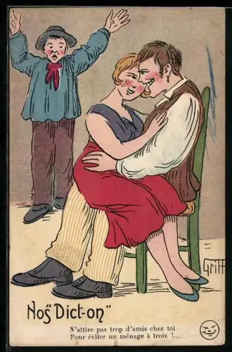 Künstler-AK Griff: Mann ist erschrocken über ein junges Paar